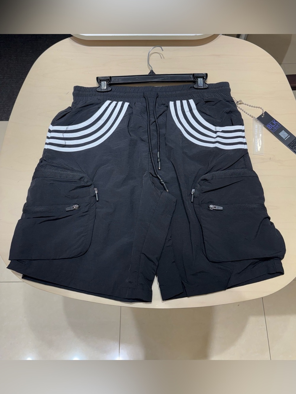 Men's Black Cargo Shorts with White Stripe Accents